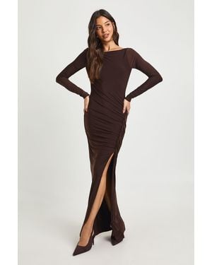 Boohoo Slinky Cowl Back Ruched Front Maxi Dress - Brown