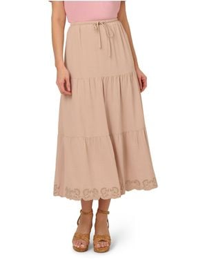 Adrianna Papell Pull On Drawstring Airflow Tiered Skirt W/ Embroidered Hem - Natural