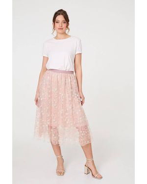 Izabel London Floral Mesh Layered Midi Skirt - Pink