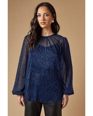 Oasis Occasion Plisse Balloon Sleeve Top - Blue