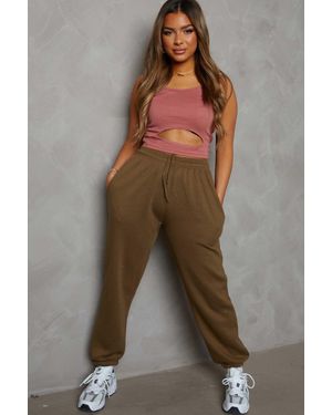 Femme Luxe High Waisted Shirred Drawstring Pocket Detail Cuffed Joggers - Brown