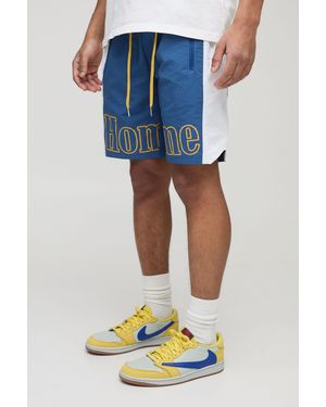 BoohooMAN Elasticated Waist Relaxed Mid Length Printed Nylon Shorts - Blue