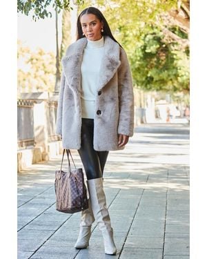 Sosandar Taupe Premium Faux Fur Coat With Button Detail - Grey