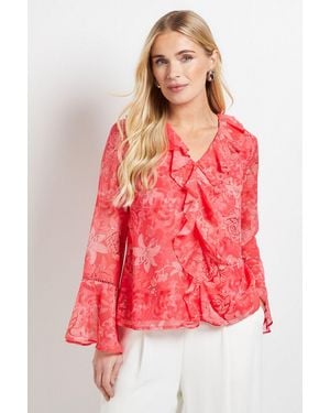 Wallis Petite Floral Lace Trim Ruffle Blouse - Red