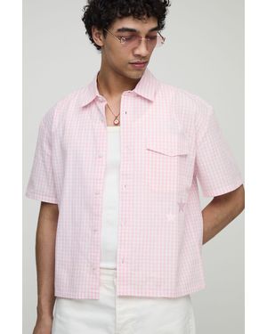 BoohooMAN Oversized Pocket Detail Micro Plaid Boxy Shirt - Pink