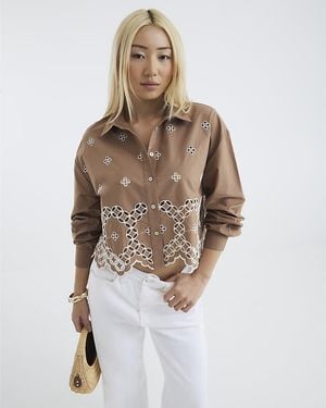 River Island Shirt Long Sleeve Cropped Broderie Cotton - Brown