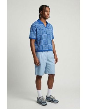 BoohooMAN Oversized Boxy Crochet Tapestry Knitted Polo - Blue