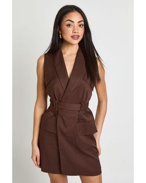 Boohoo Utility Belted Waistcoat Sleeveless Blazer Dress - Brown