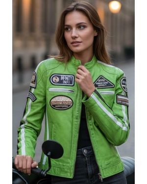 Infinity Leather Biker Racing Badges Jacket-Maple Lamb Leather - Green