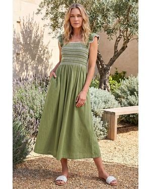 Roman Petite Contrast Shirred Midi Dress - Green