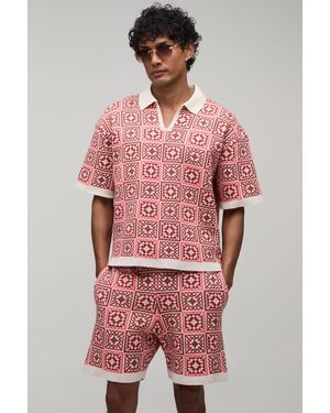 BoohooMAN Oversized Boxy Crochet Square Knitted Polo And Short Set - Red