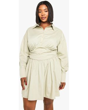 Boohoo Plus Gathered Waist Detail Skater Shirt Dress - Natural
