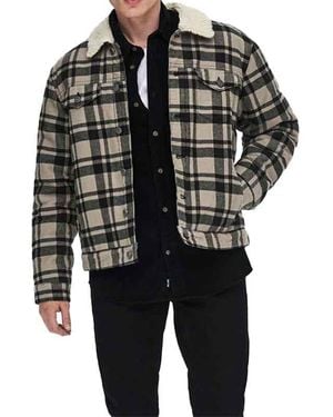 Only & Sons Winter Jacket Long Sleeve Fur Collar Fleece Lumberjack Check - Black
