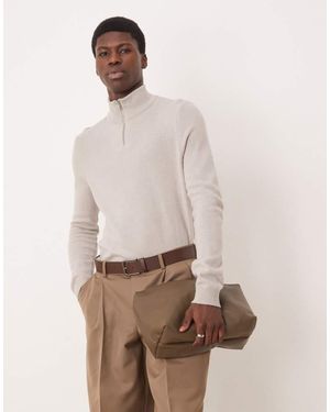 ASOS Lambswool Quarter Zip Knitted Jumper - Natural