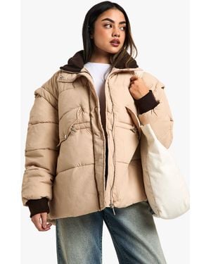 Boohoo Contrast Collar Oversized Puffer Jacket - Natural