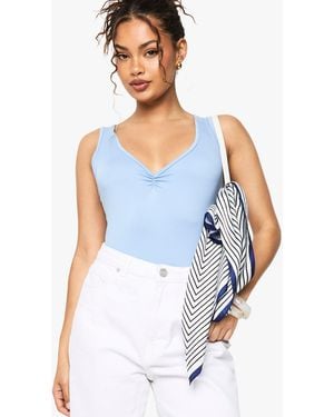 Boohoo Super Soft V Neck Ruched Bust Bodysuit - Blue