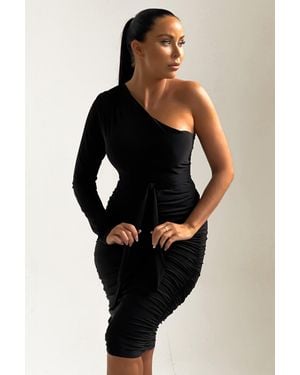 Femme Luxe One Shoulder Ruched Slinky Midi Dress - Black