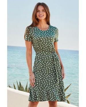 Sosandar Sage Spot Print Tie Waist Shift Dress - Green
