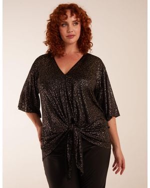 Blue Vanilla Curve Leopard V Neck Tie Front Top - Black