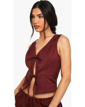 Boohoo Linen Look Tie Front Top - Red