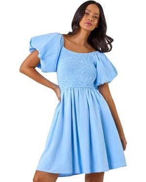 D.u.s.k Puff Sleeve Shirred Dress - Blue