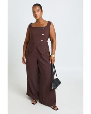 Boohoo Plus Crepe Button Wrap Front Jumpsuit - Brown