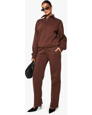 Boohoo Button Detail Collared Sweatshirt & Straight Leg Jogger Tracksuit - Brown