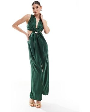 ASOS Satin Plunge Front Maxi Dress With Buckle - Green