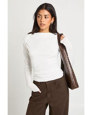 Boohoo Sheer Textured Slash Neck Long Sleeve Top - White