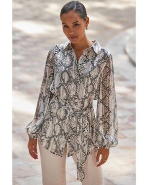Sosandar Snake Print Relaxed Fit Belted Longline Shirt - Grey