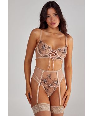 Nasty Gal Lace Embroidered Up 3Pc Lingerie Set - Brown