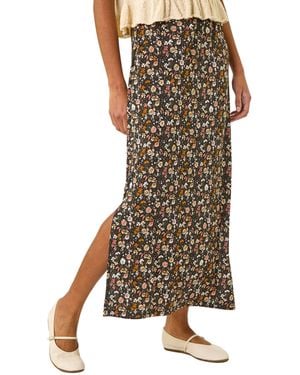 Roman Ditsy Floral Stretch Maxi Skirt - Brown