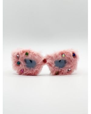 SVNX Faux Fur Cateye Sunglasses With Multicoloured Gems - Pink