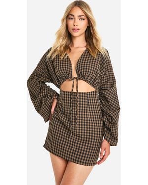 Boohoo Gingham Volume Sleeve Mini Dress - Brown