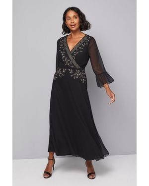 Wallis Embellished Wrap Flute Sleeve Midi Dress - Grey