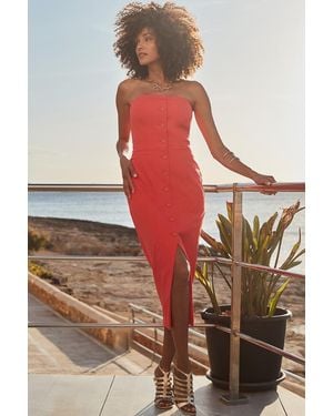 Sosandar Button Front Bandeau Midi Dress - Red