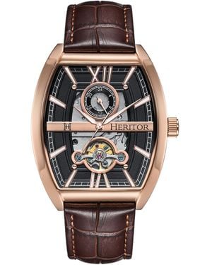 Heritor Masterson Semi-Skeleton Leather-Band Watch - Pink