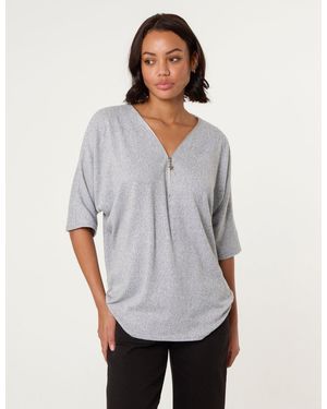 Blue Vanilla Plain Half Zip Top - Grey