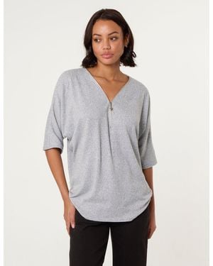 Blue Vanilla Plain Half Zip Top - Grey