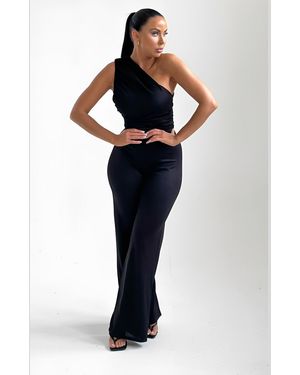 Femme Luxe One Shoulder Ruched Straight Leg Jumpsuit - Blue