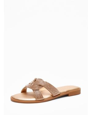 Quiz Rose Diamante Knot Front Flat Sandals - Natural