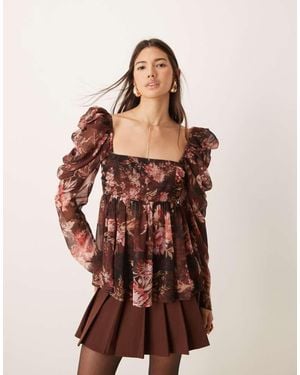 ASOS Square Neck Floaty Chiffon Long Sleeve Top - Brown