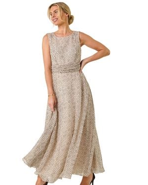 Roman Petite Spot Print Ruched Waist Midi Dress - Natural