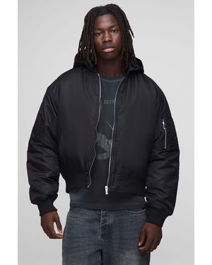 BoohooMAN Oversized Boxy Curved Hem Hooded Nylon Bomber Jacket - Blue