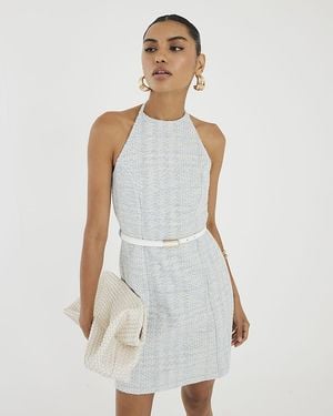 River Island Mini Dress Halter Neck Boucle Belted - White