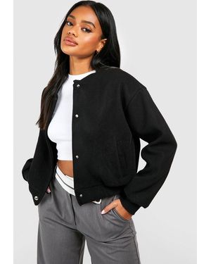 Boohoo Wool Look Crop Bomber Jacket - Black