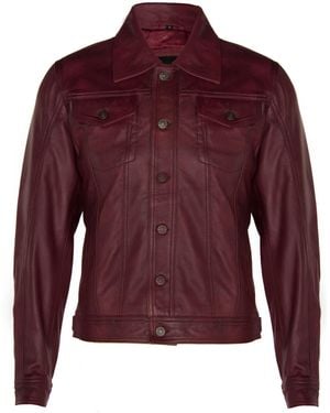 Infinity Leather Trucker Slim Fit Shirt Jacket - Red
