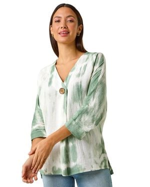 Roman Tie Dye Print V-Neck Tunic Top - Green