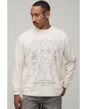 BoohooMAN Oversized Graphic Exposed Seams Washed Printed Long Sleeve T-Shirt - Natural