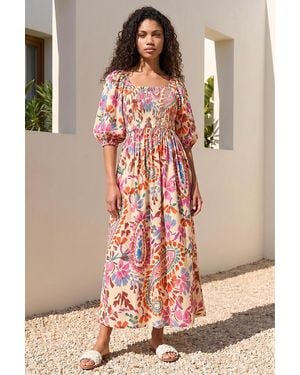 Roman Petite Paisley Print Shirred Dress - Pink
